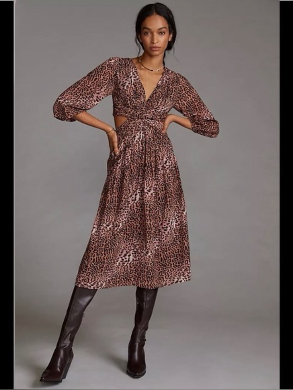 Anthropologie Ranna Gil Leopard Print‎ Side Cut Out Midi Dress Size M Boho New